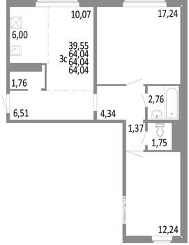 3-к квартира, строящийся дом, 64м2, 1/10 этаж