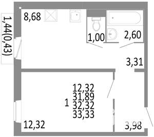 1-к квартира, строящийся дом, 32м2, 10/10 этаж