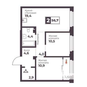 2-к квартира, строящийся дом, 57м2, 10/18 этаж