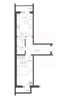 1-к квартира, вторичка, 46м2, 12/16 этаж