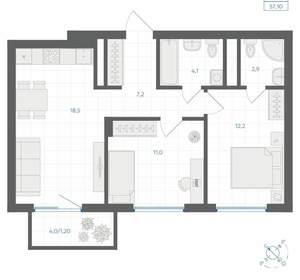 2-к квартира, вторичка, 57м2, 12/18 этаж