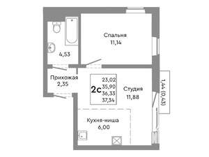 2-к квартира, строящийся дом, 36м2, 9/10 этаж