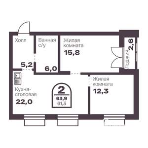 2-к квартира, вторичка, 61м2, 15/24 этаж