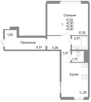 1-к квартира, строящийся дом, 48м2, 1/10 этаж