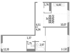 3-к квартира, строящийся дом, 64м2, 1/10 этаж