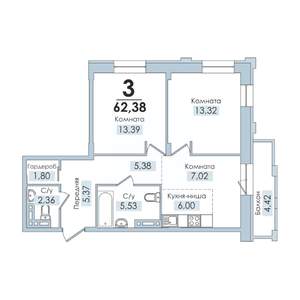 3-к квартира, вторичка, 63м2, 2/10 этаж