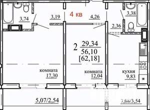2-к квартира, строящийся дом, 56м2, 1/10 этаж