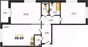 2-к квартира, сданный дом, 61м2, 17/17 этаж