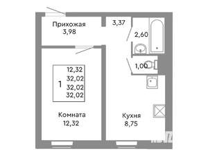 1-к квартира, строящийся дом, 32м2, 2/10 этаж
