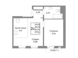 2-к квартира, строящийся дом, 36м2, 6/10 этаж