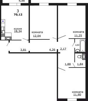 3-к квартира, вторичка, 70м2, 1/18 этаж
