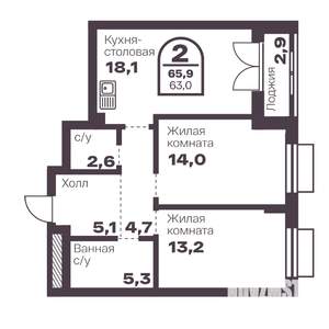 2-к квартира, вторичка, 63м2, 8/24 этаж