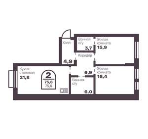 2-к квартира, вторичка, 76м2, 1/8 этаж