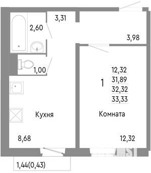 1-к квартира, строящийся дом, 32м2, 8/10 этаж