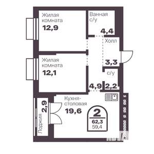 2-к квартира, вторичка, 59м2, 6/24 этаж