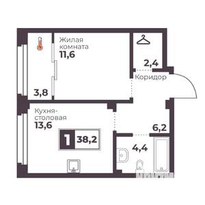 1-к квартира, строящийся дом, 38м2, 12/18 этаж