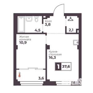 1-к квартира, вторичка, 38м2, 2/18 этаж