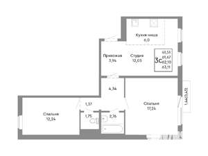 3-к квартира, строящийся дом, 62м2, 7/10 этаж