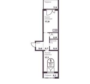 1-к квартира, вторичка, 52м2, 1/8 этаж