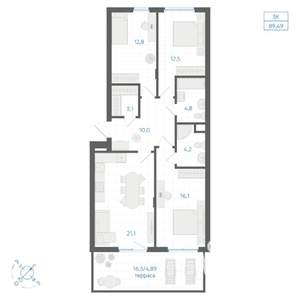3-к квартира, вторичка, 89м2, 1/14 этаж