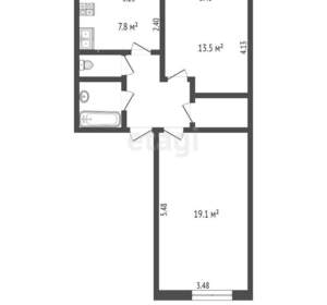 2-к квартира, вторичка, 54м2, 1/4 этаж