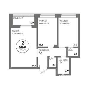 2-к квартира, строящийся дом, 68м2, 2/22 этаж