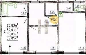 2-к квартира, вторичка, 59м2, 6/16 этаж