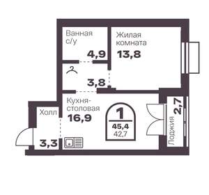 1-к квартира, вторичка, 43м2, 8/8 этаж