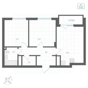2-к квартира, вторичка, 59м2, 15/18 этаж