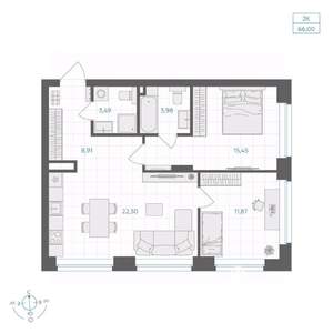 2-к квартира, вторичка, 66м2, 6/30 этаж