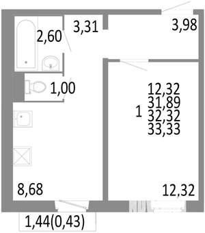 1-к квартира, строящийся дом, 32м2, 4/10 этаж