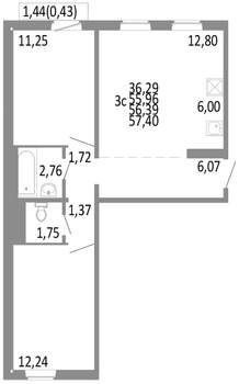3-к квартира, строящийся дом, 56м2, 6/10 этаж