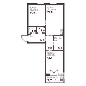 2-к квартира, вторичка, 59м2, 2/9 этаж