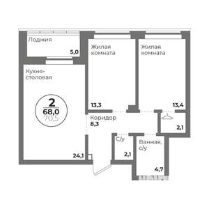 2-к квартира, строящийся дом, 68м2, 3/22 этаж