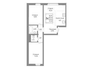 3-к квартира, строящийся дом, 53м2, 2/10 этаж