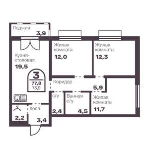 3-к квартира, вторичка, 74м2, 12/24 этаж