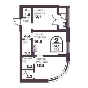 2-к квартира, вторичка, 58м2, 8/24 этаж