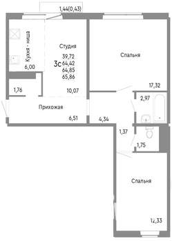 3-к квартира, строящийся дом, 65м2, 10/10 этаж