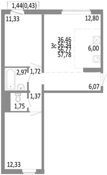3-к квартира, строящийся дом, 57м2, 7/10 этаж