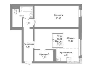 2-к квартира, строящийся дом, 54м2, 1/10 этаж