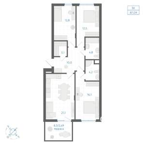 3-к квартира, вторичка, 87м2, 1/14 этаж