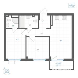 2-к квартира, вторичка, 56м2, 4/10 этаж