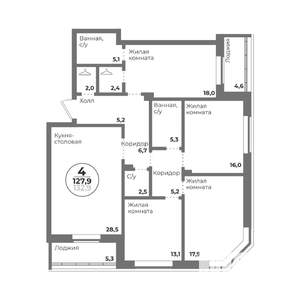 4-к квартира, строящийся дом, 128м2, 2/22 этаж