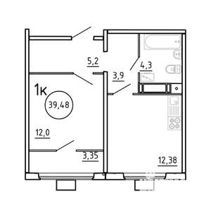 1-к квартира, строящийся дом, 39м2, 6/16 этаж