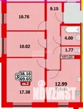 3-к квартира, вторичка, 66м2, 2/17 этаж