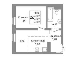 2-к квартира, строящийся дом, 32м2, 2/10 этаж