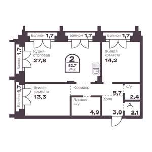 2-к квартира, вторичка, 74м2, 1/24 этаж