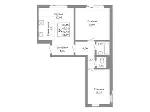 3-к квартира, строящийся дом, 62м2, 9/10 этаж