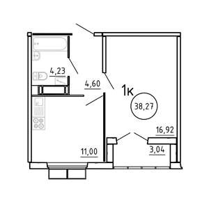 1-к квартира, строящийся дом, 38м2, 14/16 этаж