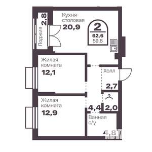 2-к квартира, вторичка, 60м2, 4/24 этаж